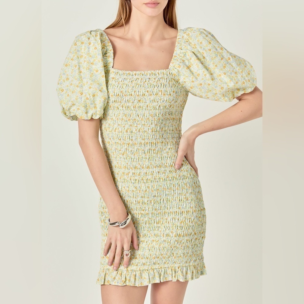 English Factory Size Small Smocked Floral Puff Sleeve Mini Dress Yellow New